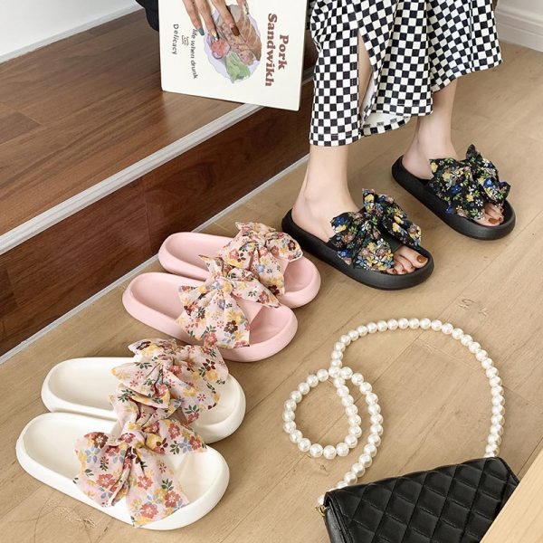 Floral Print Bow Knot Casual Slippers - Modakawa Modakawa