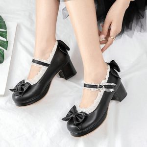 Bowknot Lace Round Toe Chunk Low Heel Mary Janes Shoes - Modakawa modakawa