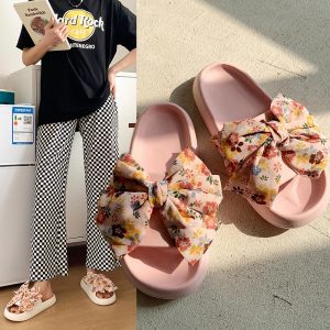 Floral Print Bow Knot Casual Slippers - Modakawa Modakawa