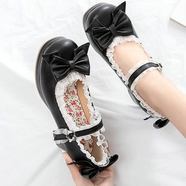 Bowknot Lace Round Toe Chunk Low Heel Mary Janes Shoes - Modakawa modakawa