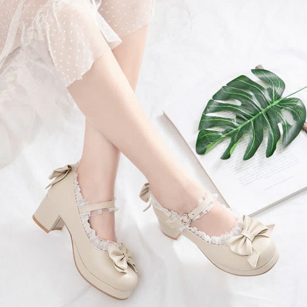 Bowknot Lace Round Toe Chunk Low Heel Mary Janes Shoes - Modakawa modakawa