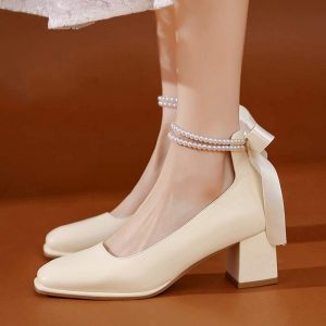 Pearl Bow Mary Janes High-heeled Shoes - Modakawa Modakawa