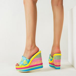 Rainbow Colorblock Chunky Heel Slippers - Modakawa Modakawa