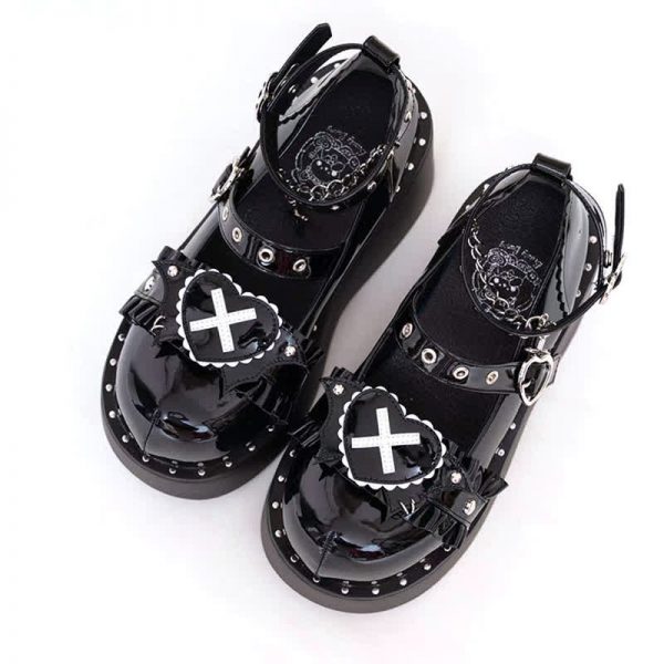 Punk Cross Love Heart Chain Strap Buckle Platform Lolita Shoes - Modakawa modakawa