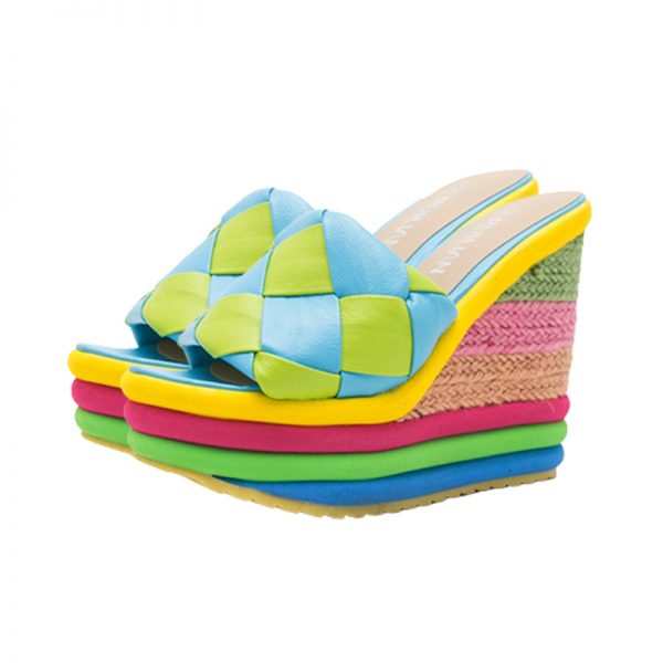 Rainbow Colorblock Chunky Heel Slippers - Modakawa Modakawa