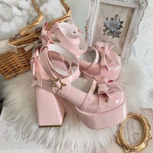 Bow Knot Star Buckle Lolita High-heeled Shoes - Modakawa modakawa