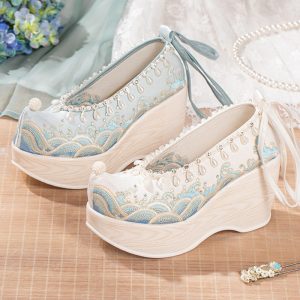 Vintage Embroidery Wave Print Pearl Platform High Heels Shoes - Modakawa Modakawa