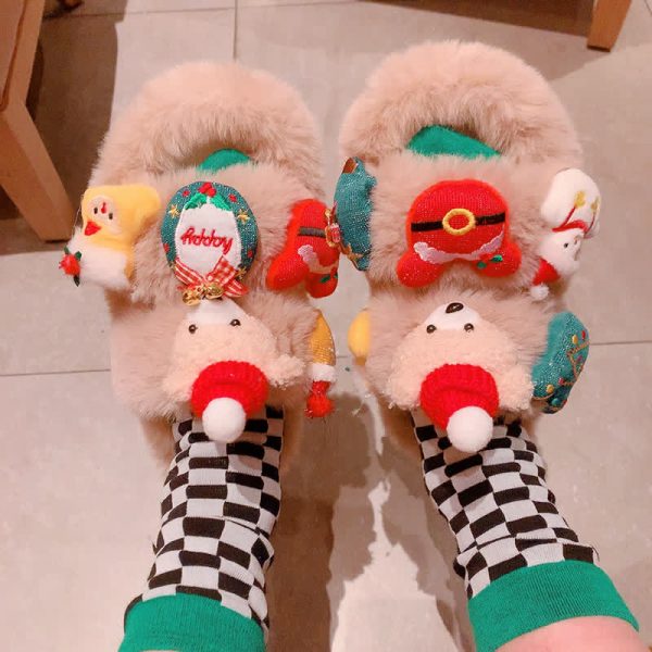 Cute Christmas Cartoon Bear Plush Slippers - Modakawa Modakawa