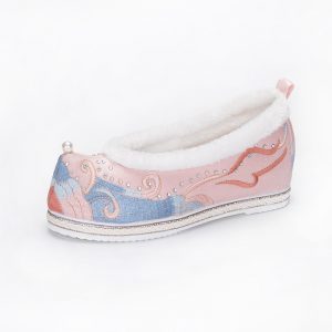 Vintage Embroidery Wave Print Pearl Fuzzy Trim Flats Shoes - Modakawa Modakawa