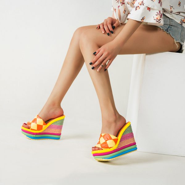 Rainbow Colorblock Chunky Heel Slippers - Modakawa Modakawa