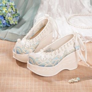 Vintage Embroidery Wave Print Pearl Platform High Heels Shoes - Modakawa Modakawa