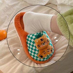 Cute Cartoon Tiger Plaid Plush Slippers - Modakawa Modakawa