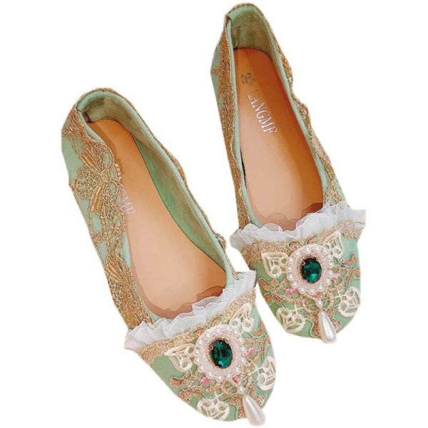 Vintage Lace Pearl Rhinestone Embroidery Flat Shoes - Modakawa Modakawa