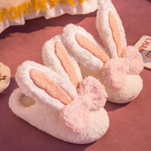 Rabbit Ears Bow Knot Plush Slippers - Modakawa modakawa