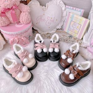 Platform Bow Knot Plush Lolita Mary Janes Shoes - Modakawa Modakawa