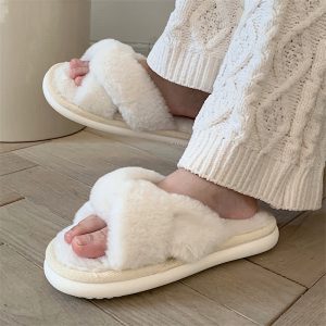 Pure Color Cross Casual Plush Slippers - Modakawa Modakawa