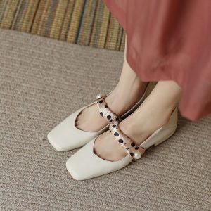 Vintage Pearl Square Toe Mary Janes Flats Shoes - Modakawa Modakawa