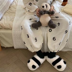 Lovely Cartoon Panda Fuzzy Ball Plush Slippers - Modakawa Modakawa