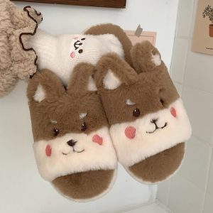 Lovely Cartoon Bear Colorblock Plush Slippers - Modakawa Modakawa