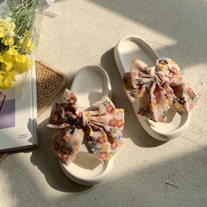 Floral Print Bow Knot Casual Slippers - Modakawa Modakawa